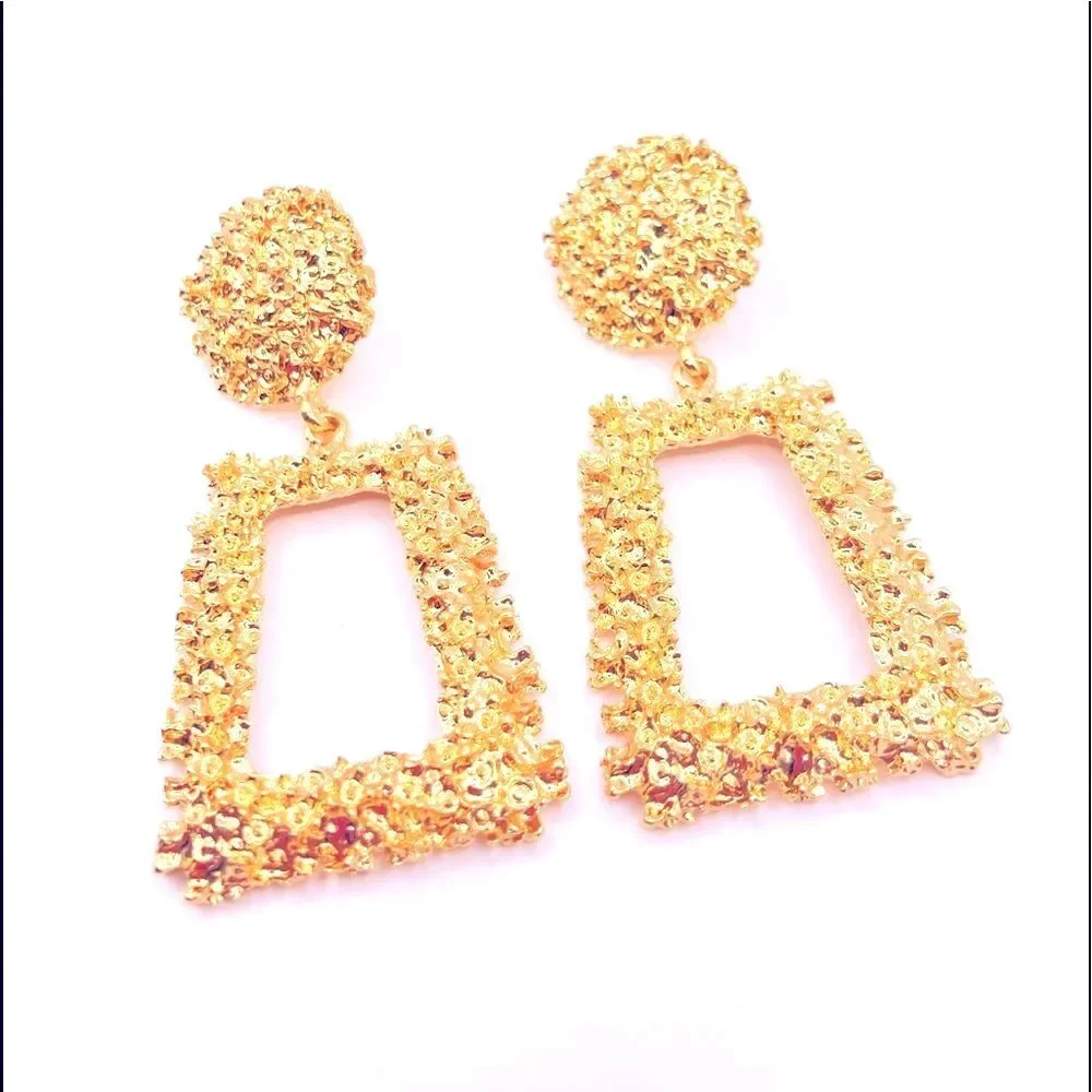 Gold Statement 80s Retro Geometric Textured Dangle Earrings